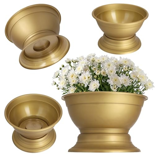 KADAX Blumenschale mit Standfuß, wetterfeste Pflanzschale aus Kunststoff, Kugelschale für Chrysanthemen, Stiefmütterchen, Blumenvase (⌀25,5 cm, Gold)