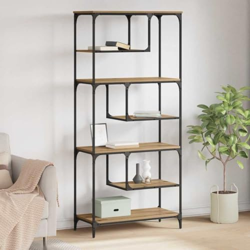 Yisssmeng Bücherregal Artisan-Eiche 81 x 36 x 176 cm Massives Holzwerkstoff und Metall Rahmen Modernes Industrie-Design mit 7 Staufächern als Raumteiler für Wohnzimmer Home Office
