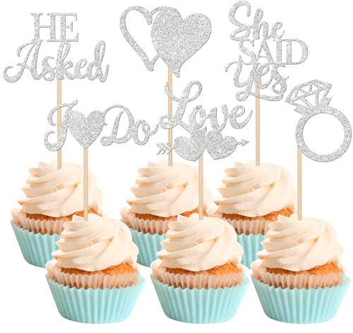 SYKYCTCY 36 Pack He Asked She Said Yes Cupcake Toppers Glitter Love Heart I do Ring Bridal Shower Cake Food Picks Decorations for Wedding Engagement Theme Party Supplies Silver
