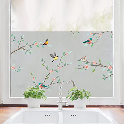 Wandtattoo Loft Sichtschutzfolie Zweige mit Vögeln, Fensterfolie Fensterdeko Milchglasfolie, 55 cm hoch, 50 cm breit