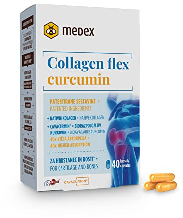 Medex Collagen Flex Curcumin - Kollagen-Präparate für Gelenke und Rückenschmerzen, patentierte Inhaltsstoffe, natives Kollagen, Kurkuma Curcumin, Hyaluronsäure, Vitamine, Silizium, 40 Kaps., 20 tagen