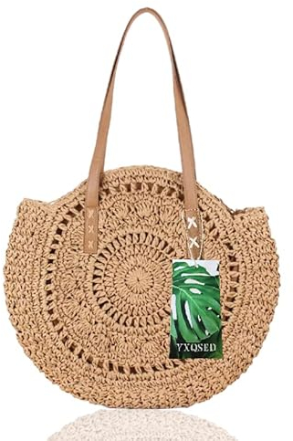 YXQSED Damen Gewebte Tasche Rund-Strandtasche Stroh Sommer Umhängetaschen Handgemachte Schultertaschen mit Reißverschluss Groß