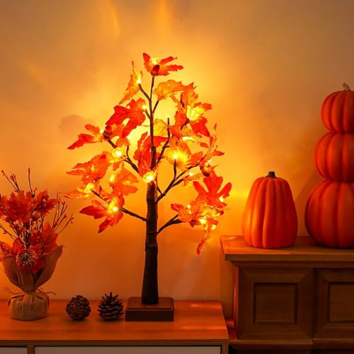 KASZOO Herbstdeko Ahornblatt Lichterbaum mit 24 LEDs – 60cm LED Baum mit Timer - USB &Batteriebetrieben, Lichterbaum Halloween Deko Für Hochzeit, Erntedankfest