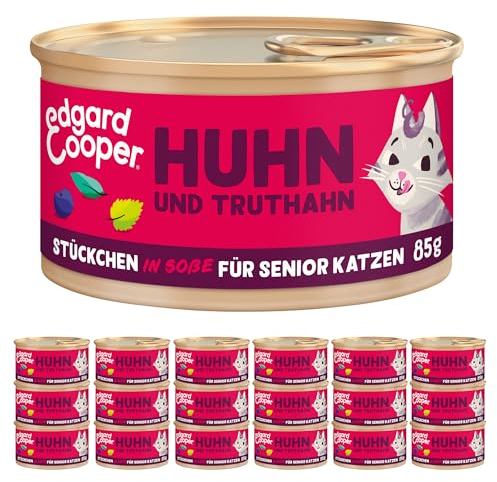 Edgard Cooper Nassfutter für Senior Katzen in Sauce (Truthahn und Huhn, 85g x 18), Getreidefrei, natürlichen Zutaten, geeignet für sterilisierte und aktive Katzen