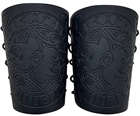 2 Pieces Men Leather Bracers Viking Crow Embossed Arm Guards Medieval Gauntlet Wristband for LARP Cosplay Archery Halloween (Black)