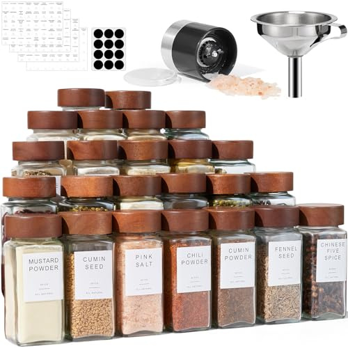 Yangbaga 24PCS Glass Spice Jars set-Glass Jars With Wooden Lids with Shaker Lids- Spices & Seasoning -Kitchen Storage & Organisation of Spice Jars With Lids And Labels Stickers…