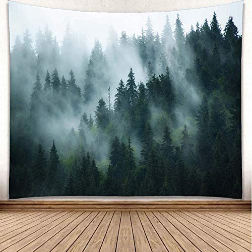 YISURE Wandteppich Wald Grün 355x230, Nebliges Wandtuch für Schlafzimmer, Extra großes Wandtuch Wald 355x230cm