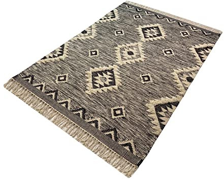 Kilim Teppich 100% Wolle Durry Beige Schwarz Kelim Orientteppich Handgewebt (Maße:240X300 cm (245X310 cm);)