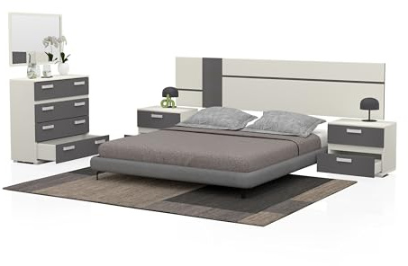 duehome | Pack de Dormitorio con Cabecero + 2 mesitas de Noche + Comoda y Espejo, Conjunto de Dormitorio, Dormitorio Completo, Modelo Ataneq Air 4c, Acabado en Blanco y Grafito, CP_ATANEQAIR4C