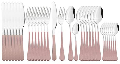 Set de couverts 32 pièces couverts roses Set de couverts en acier inoxydable Couteau de table Fourchette Cuillère Couverts Fête Ensemble d'ustensiles de cuisine Décoration en acier inoxydable