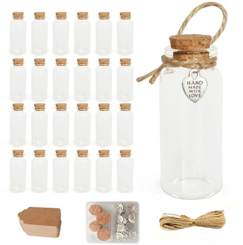 LOYONAL Mini Bouteilles en Verre avec Bouchon, Lot de 24, 25ml | Pour mariage, loisirs créatifs, décoration, cadeaux et bouteilles à souhaits