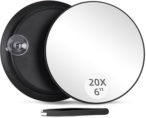 20X Magnifying Mirror and Tweezers Kit, 6 Inch Compact Size, 20X Magnification with 3 Suction Cups Wall Mounting, Portable Makeup Magnifying Mirror for Women Men