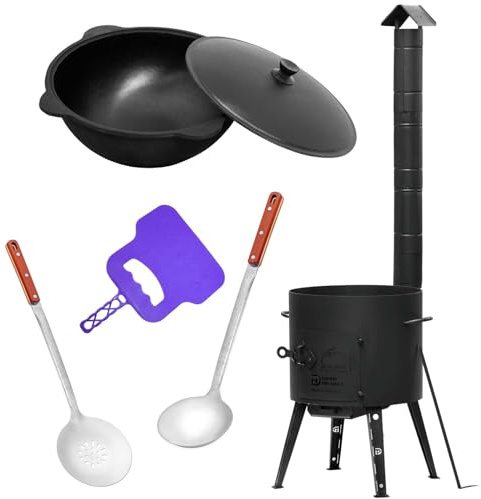 4BIG.fun Ø36 Uchag 2mm Stahl Utschak mit Abzugsrohr 10 L Kazan Eben Grillfächer Schaumkelle Suppenkelle Utschak Utschag Kasan Feldküche Außenküche Eintopfofen Gulaschkanone