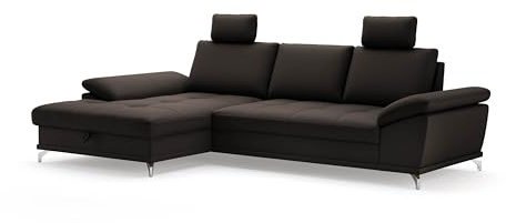 Cavadore Eckcouch Castiel mit Federkern / Ecksofa mit großem Longchair, Sitztiefenverstellung, Kopfstützen und mattschwarzen Metallfüßen / 301 x 89-114 x 176 / Echtleder, Dunkelbraun