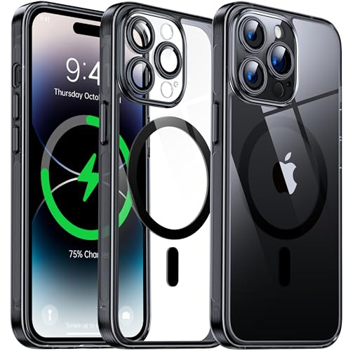 Flyzoo Clear Magnetic Case for iPhone 14 Pro Max (6.7'') Compatible with MagSafe & Camera Protector, [Non-Yellowing] [Shockproof & Antiscratch Protection] Hard Transparent Cover with Silicone, Black