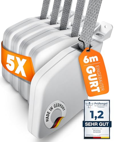 MEISTERBAU - Enrouleur de sangle de volet roulant en saillie 14 mm [Fabriqué en Allemagne] – Lot de 5 – Enrouleur de sangle de volet roulant rabattable avec sangle de volet roulant intégrée de 6 m 14