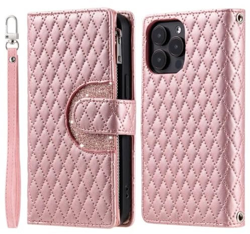 SMIEK Custodia a tracolla per carte portafoglio con cerniera per iPhone 13 12 Mini 15 14 11 Pro XS Max X XR SE Cover in pelle PU, rosa, per iPhone 12 Mini