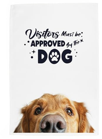 Purely Home Peeping Dog Tea Towel - Visitors Must Be Approved By The Dog - Golden Retriever Gift Panama Cotton Kitchen Dish Towel/Drying Cloth - 67cm x 45cm