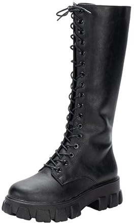 BIISDOST Stiefel Damen Flach Kniehohe Stiefel Mit Schnür Schlupfstiefel Langschaftstiefel Damenstiefel Stiefel Kampfstiefel Schuhe Rutschfeste Winterstiefel SohleWeitschaftstiefel Weiter