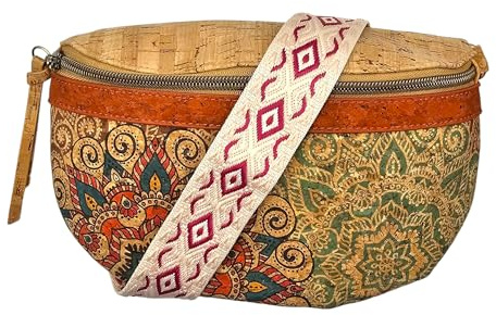 Damen Sling Bag aus Kork Halbmondförmige Brusttasche Vegan Gürteltasche mit abnehmbarem bunt gemustertem Schultergurt breiter Baumwoll-Schultergurt veganes Leder Portemonnaie Handtasche (Mandala 1)