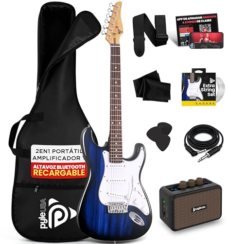 Pyle Electric Guitar and Amp Kit - Full Size 39 Complete Starter Kit with Wearable Bluetooth Amplifier, 1/4” Cable, Carry Case, Strap, Strings, Picks, Cleaning Cloth, ST-Style Pickups (Blue Burst)