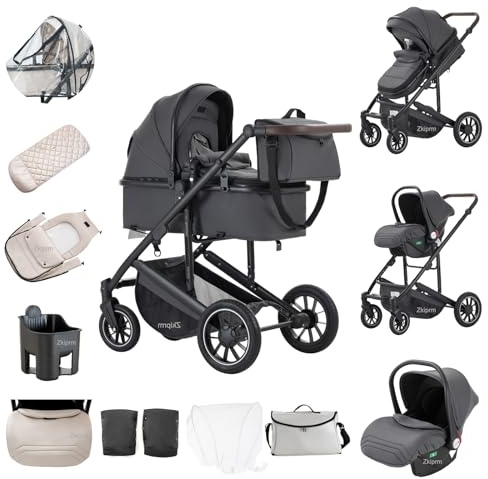 Zkiprm Passeggino 3 in 1 Carrozzina con Seggiolino Auto Combinato Passeggino Compatto Portatile Molle Ammortizzate Telaio in Lega di Alluminio Carrozzina da Città Grigio Scuro
