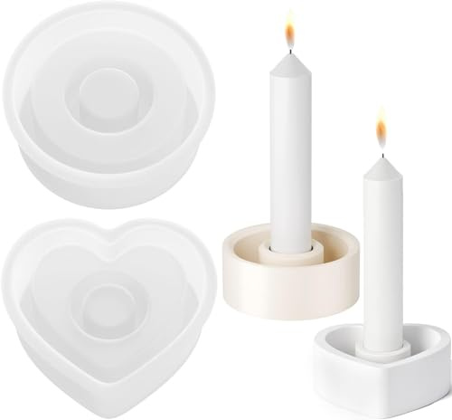 HQCM 2 Stück Silikonformen Gießformen Kerzenhalter, Rund und Herzform DIY Harz Epoxid Gießformen Silikon Kerzenständer für Heimdekoration