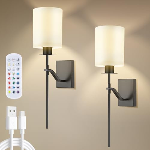 2Pcs Battery Operated Wall Sconce, 5000mAh Rechargeable Wireless Wall Lights with Detachable Bulbs, Remote Control, Dimmable 12RGB Colors, 3 Color Temperature Wall Lamp for Bedroom Living Room(Black)