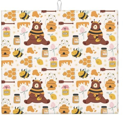 Geschirr-Abtropfmatte mit niedlichem Bienen-Honigglas, Bär, Mikrofaser-Abtropfmatte für Küchentheke, super saugfähig, maschinenwaschbar, 40,6 x 45,7 cm