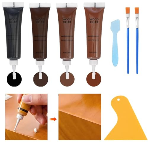 BUDOCI Holzmöbel-Reparaturset, Laminat Parkett Reparatur, 4 Farben Holzspachtelmasse, Holzreparaturset Reparatur von Kratzern, Rissen, Verfärbungen für Holzschrank, Boden, Tür, Tischoberflächen