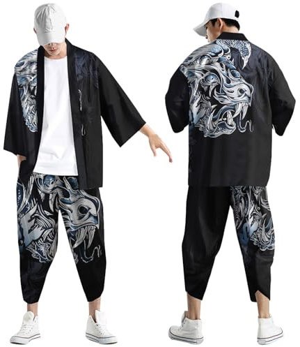 Midiskye Kimono Set Herren Japanisch Druck Lose Cardigan Sommer 3/4 Hülse Kimono Kurzarm Funky Bunte Print Japanische Bademäntel Baggy Nachthemd Strandhemd T-Shirt Set Verkleidung Rennfahrer Kostüm