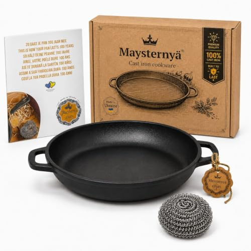 Maysternya Gusseisen Grillpfanne - ø 34 x 4 cm - BBQ-Zubehör - Außenküche - BBQ - Braten - Ofenform - BBQ-Geschenk - Geschenk - Geschenkset - Matt Schwarz