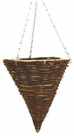 shopior Wicker Basket Planters – Natural Rattan Willow Hanging Flower Pots with Polythene Liner & Metal Chain – Large Decorative Cone Shaped Hanging Planters for Indoor & Outdoor - 30cm, 12 (Pack 1)