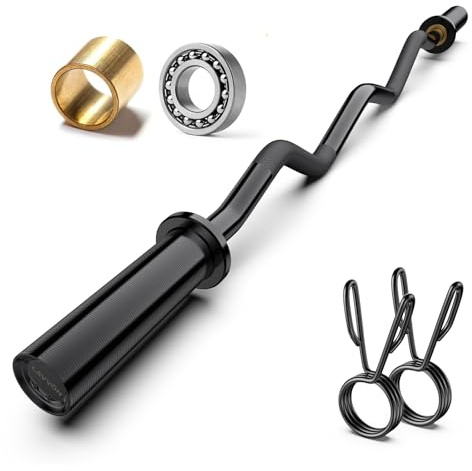 Olympic EZ Curl Barbell Bar 47, Mute Bearings - 2 Curl Bar for Weight Lifting, Hip Thrusts,Biceps,Squat-Home Gym Weight Bar-Chrome Curling Strength Training, 2Pcs Collars(800lbs Weight Capacity) (Black)