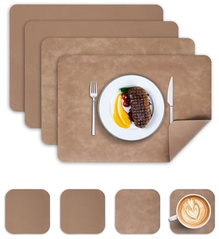Wanfolle Set de Table Lavable, Lot de 4 Sets de Table et Dessous de Verre, Set de Table en Cuir Double Face Résistant à la Chaleur Antidérapant Sets de Table Plastique (Chameau)