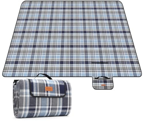 Sekey Picknickdecke Wasserdicht 200x200 cm, Karierte Stranddecke Sandfrei, 3-Schicht Struktur, Gepolstert & Isoliert, Acryl-Oberseite & PEVA-Unterseite, Faltbare Campingdecke mit Tragegriff