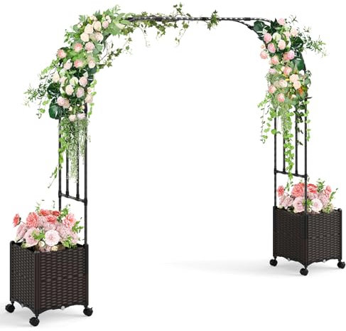 HOMASIS Grand arc de jardin avec roues, 2 en 1 tonnelle de jardin avec arc pour rampants et planteurs, système d'auto-irrigation, décorations d'extérieur pour mariages (noir, 288 x 40 x 202 cm)