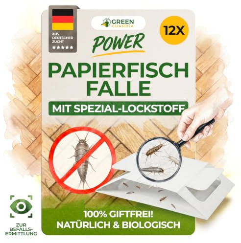 GREEN GUARDIA Papier Falle mit Pheromon-Lockstoff - 12x Fallen - umweltfreundlich Papierfische bekämpfen, Chemiefreie Pheromonfalle mit austauschbaren Klebeflächen, giftfrei