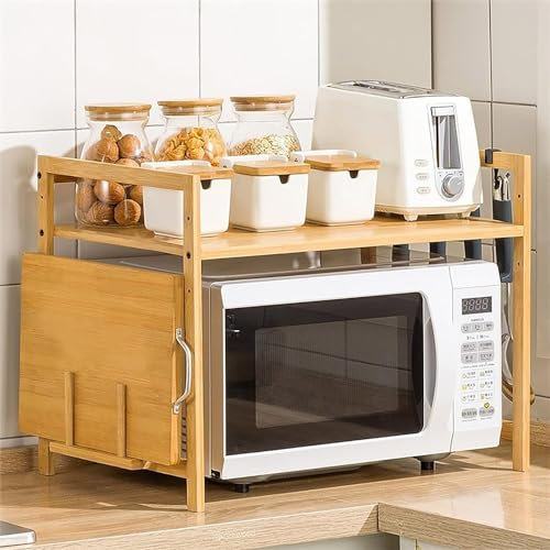Mikrowellen-Ofenregal, verstellbar, robuster Ständer mit 4 Haken, Bambus-Küchenregal mit Schneidebrett für Arbeitsplatten-Organizer,