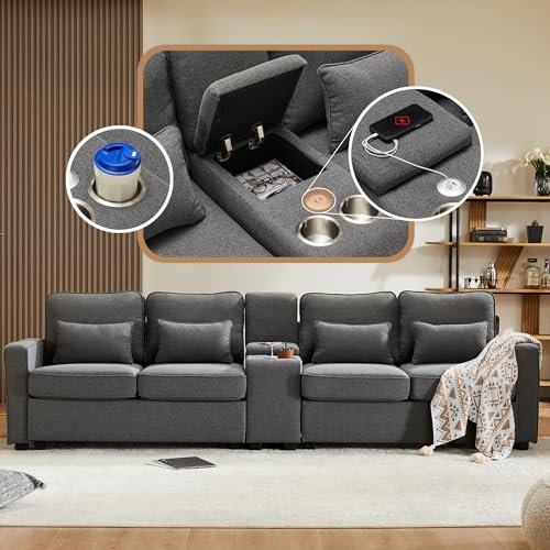 Laxnb 4 Sitzer Sofa, Modernes Viersitzer-Sofa, Konsole mit 2 Getränkehaltern & 2 USB, Große Polster Couch mit Armlehnentaschen und 4 Kissen, Polstersofa geeignet für Wohnzimmer, Leinenstoff Dunkelgrau
