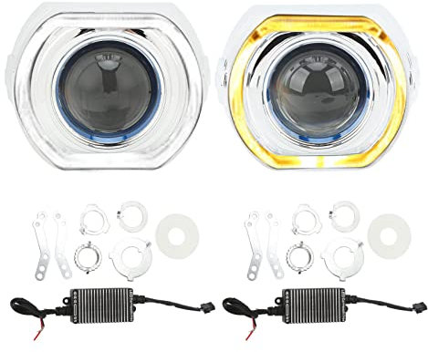 XTevu Proyector LED BI, kit de modernización de faros, 1 par 3in 12V 6000K, señal de giro de haz de alta rayos DRL Cubierta (Yeux d'ange jaune blanc)