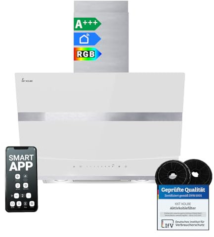 KKT KOLBE A+++ Dunstabzugshaube 60 cm 782 cbm/h Kopffreie Wandhaube Edelstahl weißes Glas WLAN RGBW-LED-Beleuchtung SensorTouch Bedienung HERMES6005WM