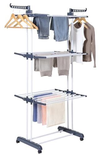 various Tendedero Vertical Plegable de Acero Inoxidable para Ropa,4 Ruedas 360°,4 Niveles con Alas Laterales,Amplio Espacio para Secar.Color Gris (Gris)