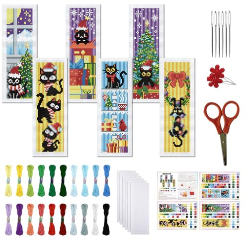 FREEBLOSS 6 Set Weihnachts Kreuzstich Lesezeichen Set Katzen Und Baummuster Gestempeltes Kreuzstich Set 11CT Weihnachts Sticksets Mit Anleitung Für Anfänger Und Erwachsene 20x6cm /8x2.4 Zoll