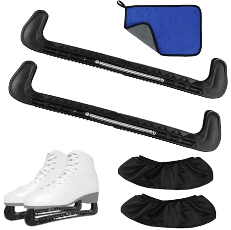 Coprilama Pattini Ghiaccio(Nero), Set da 5 Pezzi con 1 Paio di Protezioni per Pattini da Ghiaccio Regolabili, 2 Coprilama Elastici e 1 Asciugamano, Adatti per Pattini da Ghiaccio Artistici e da Hockey
