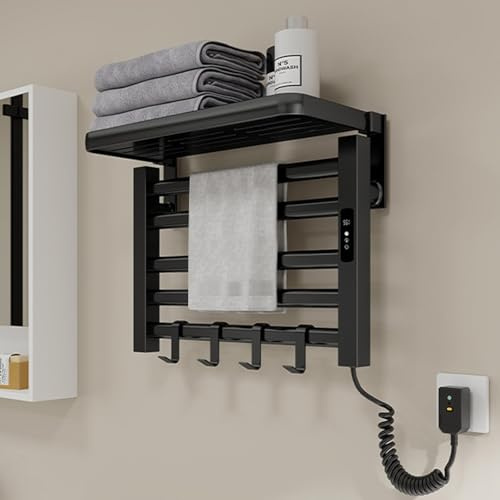 Toallero Eléctrico Pequeña, Radiador Toallero Eléctrico Bajo Consumo, Toallero de Pie o Pared para Baño Secado Rápido, Calefacción de Fibra de Carbono, Temporizador, Pantalla LED, Termostato-Black