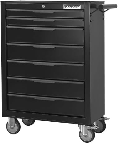 muenfly Verkstadsvagn med 7 lådor | verktygsvagn, centrallås och hjul för tung belastning | rullcontainer, svarta kullagrade lådor | lådskåp för garage och verkstad | 61,5 x 86 cm