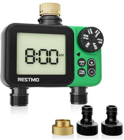 RESTMO LCD Water Timer Irrigation Timer for Outdoor Hose | 2 Zone Sprinkler Timer for Soaker Hose with Brass Inlet Up to 11h59m Programmable Delay/Manual/Automatic Irrigation System