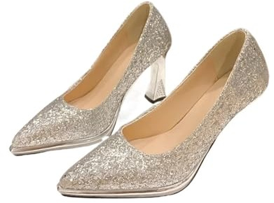 DASJKDI Glitterpumps för kvinnor, nya skor för, spetsig tå, grunt mun, bekväma för, höga klackar för bröllop och bal (silver, 40)