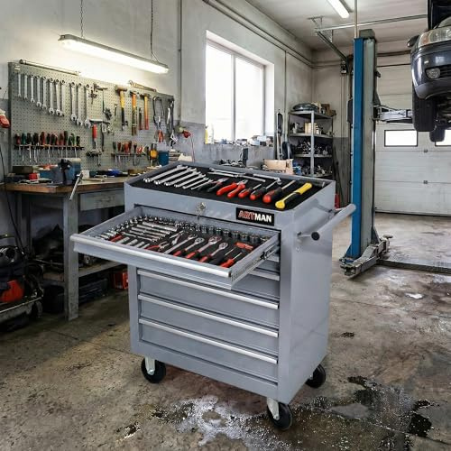 Rolling 7-Drawer Metal Tool Box with Lockable Wheels & Keys - Heavy-Duty Portable Tool Storage Chest for Garage Workshop Warehouse | Multifunctional Mechanic Tool Cabinet Trolley (Silver)